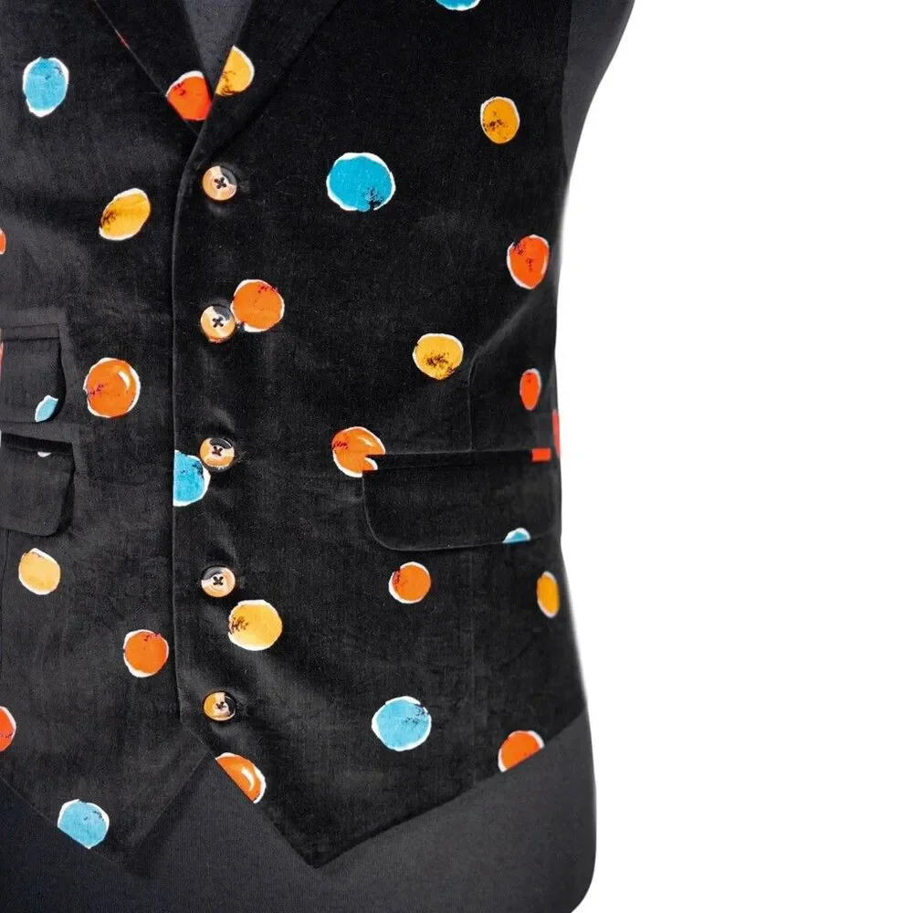 Mens Velvet Vest 42R Black Orange Blue Polka Dot Waistcoat Formal Wedding Party